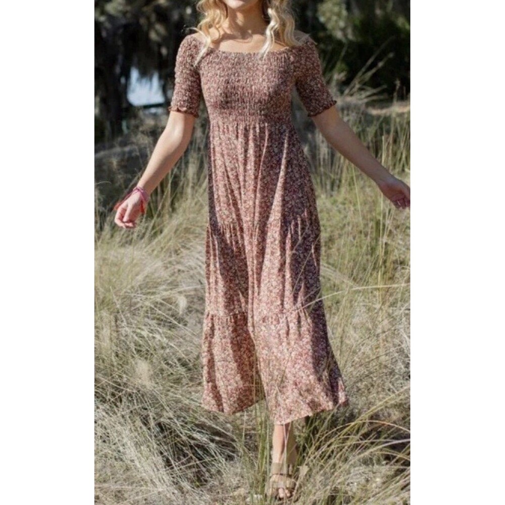 Natural Life Women's Smocked Prairie Peasant Cottagecore Floral Maxi Dress XS S